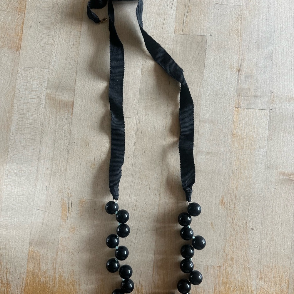 J Crew Black Beaded Necklace on Ribbon